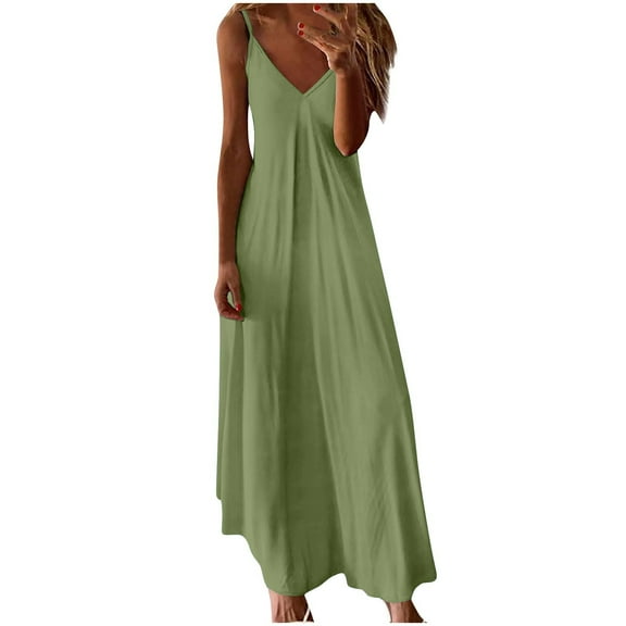 Sevevn Fashion Women's Summer Casual V-Neck Camis Sleeveless Solid Beach Sundresses Boho Dresses