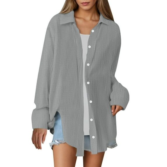 Sevevn Fashion Women's Summer Long Sleeve Solid Neck Blouses Pocket Top Shirt Gift for Adults Gray L