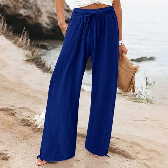 Sevevn Fashion Womens Casual Elastic Loose Pants Straight Wide Leg Trousers Pants Blue XXXL Great Gifts for Less
