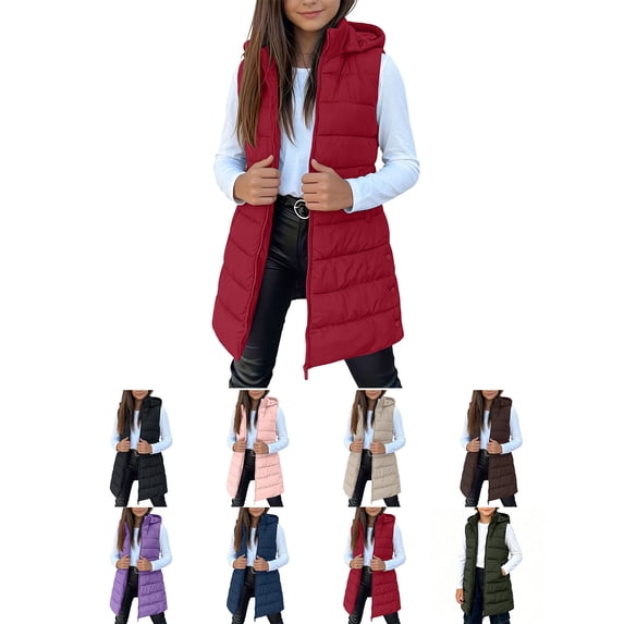 Sevevn Girls Boys Long Puffer Vest with Hood Sleeveless Quilted Padded Gilet Kids Zip Up Warm Outerwear Waistcoat