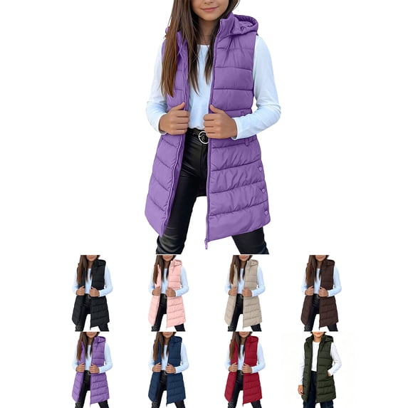 Sevevn Girls Boys Long Puffer Vest with Hood Sleeveless Quilted Padded Gilet Kids Zip Up Warm Outerwear Waistcoat