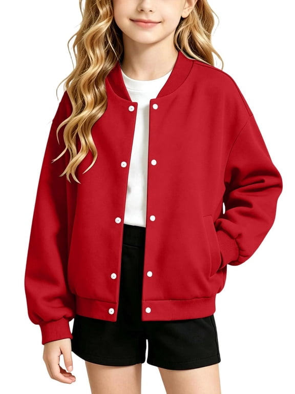 Girls Classic Snap Button Baseball Bomber Jacket Long Sleeve Fleece Lining Casual Solid Color Coat with Pockets