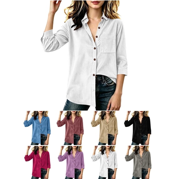 Sevevn Girls' Corduroy Button Down Shirt Long Sleeve Roll‑Up Cuffs Collared Loose Casual Blouse Top With Pocket