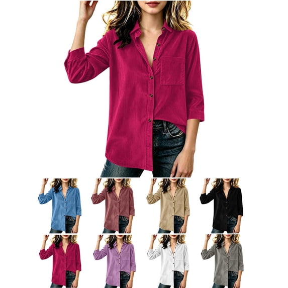 Sevevn Girls' Corduroy Button Down Shirt Long Sleeve Roll‑Up Cuffs Collared Loose Casual Blouse Top With Pocket
