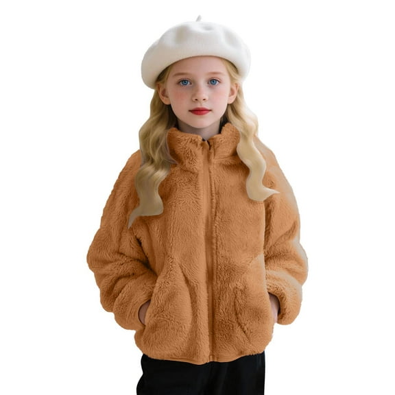 Sevevn Girls Fuzzy Fleece Zip Up Jacket Soft Plush Warm Outerwear Coat with Pockets Winter Fall Casual Sherpa Coat for Kids Toddler Coffee 4 Years