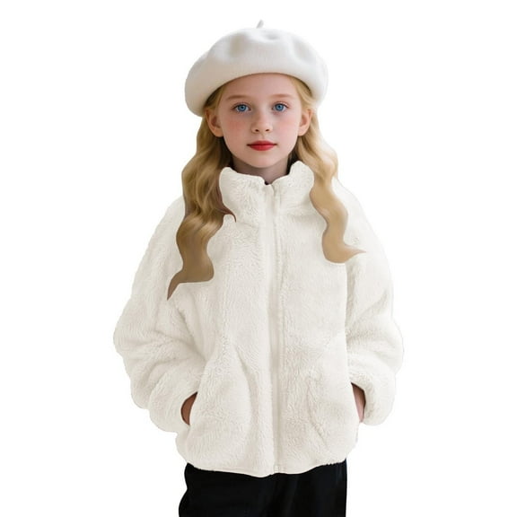Sevevn Girls Fuzzy Fleece Zip Up Jacket Soft Plush Warm Outerwear Coat with Pockets Winter Fall Casual Sherpa Coat for Kids Toddler White 4 Years
