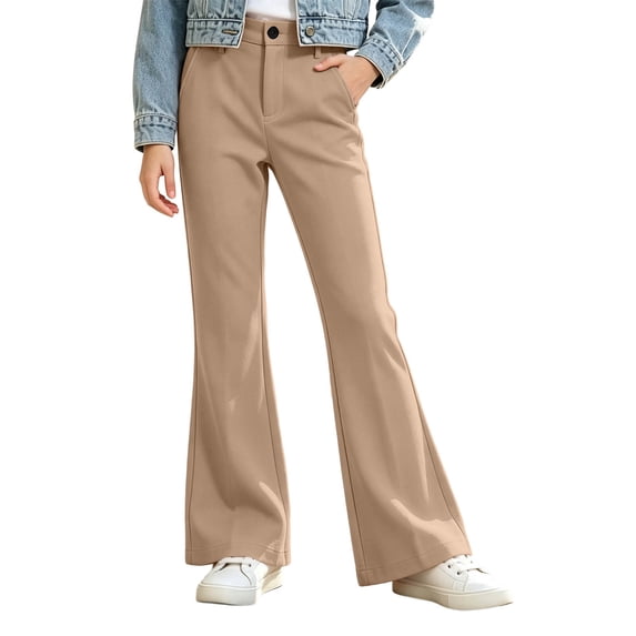 Sevevn Girls' High Waisted Bootcut Dress Pants Stretch Slim Flared Trousers with Pockets Solid Color Casual Pants