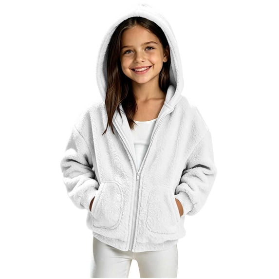 Sevevn Girls Hooded Sherpa Fleece Jacket Full Zip Long Sleeve Loose Coat with Front Pockets Warm Fuzzy Outerwear for Kids