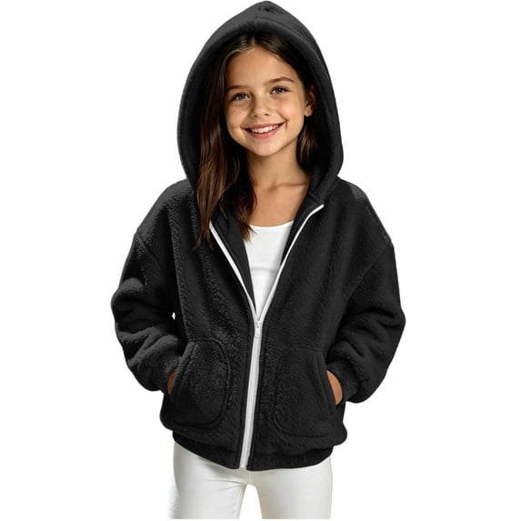 Sevevn Girls Hooded Sherpa Fleece Jacket Full Zip Long Sleeve Loose Coat with Front Pockets Warm Fuzzy Outerwear for Kids