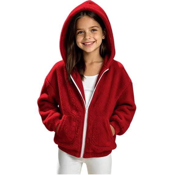 Sevevn Girls Hooded Sherpa Fleece Jacket Full Zip Long Sleeve Loose Coat with Front Pockets Warm Fuzzy Outerwear for Kids