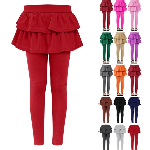 Sevevn Girls Layered Skirt Leggings for Kids Back to School Ruffle Tiered Stretch Pants Casual Slim Fit Elastic Waist Active Leggings Skorts for Daily Wear Play Outfit Watermelon Red 150