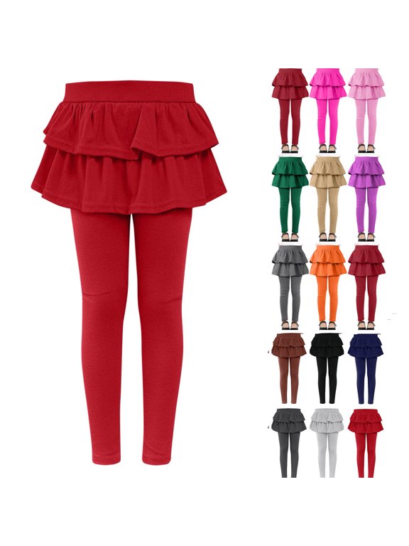 Girls Layered Skirt Leggings for Kids Back to School Ruffle Tiered Stretch Pants Casual Slim Fit Elastic Waist Active Leggings Skorts for Daily Wear Play Outfit Watermelon Red 130