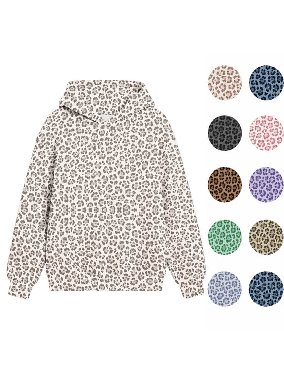 Girls' Leopard Print Hoodie Sweatshirt Long Sleeve Pullover Hooded Top with Ribbed Cuffs and Hem, Cute Casual Graphic Printed Sweatshirt for Kids Everyday School Travel and Outdoor Wear