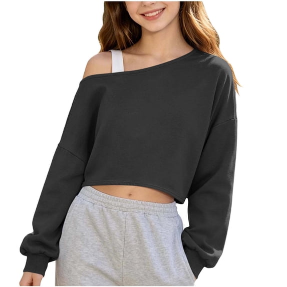 Sevevn Girls Off Shoulder Crop Sweatshirt Long Sleeve Loose Casual Solid Color Cropped Pullover Top