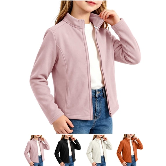 Sevevn Girls Stand Collar Fleece Zip Up Jacket Kids Solid Color Full-Zip Lightweight Fleece Coat Casual Warm Outerwear