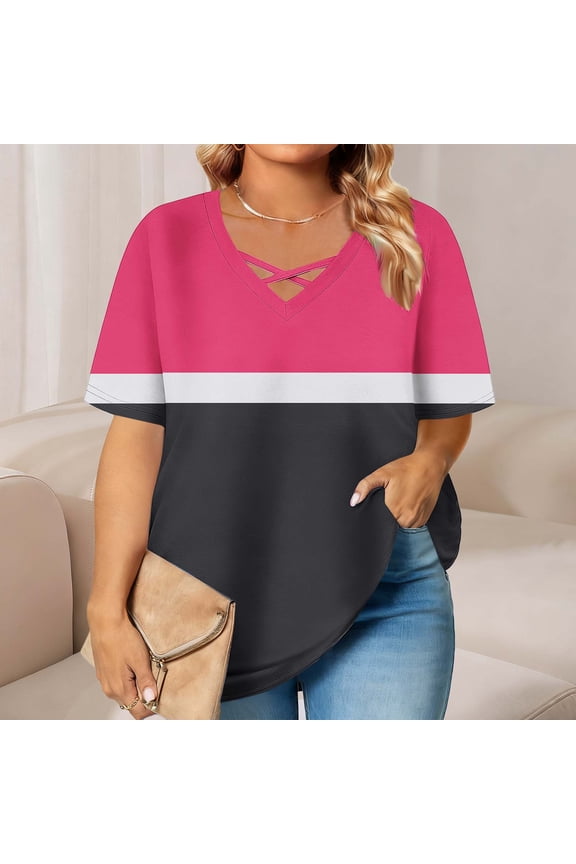 Half Sleeve Tops for Women Plus Size Criss Cross V Neck T Shirts Loose Fit Elbow Length Tee Shirts Womens Blouses