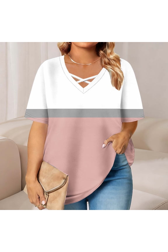 Half Sleeve Tops for Women Plus Size Criss Cross V Neck T Shirts Loose Fit Elbow Length Tee Shirts Womens Blouses