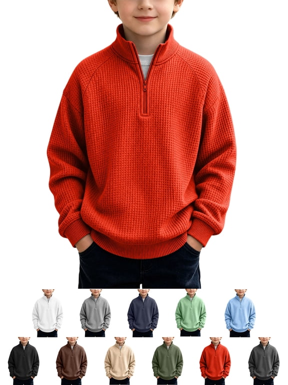 Kids Boys Quarter Zip Waffle Knit Sweatshirt Stand Collar Long Sleeve Casual Pullover