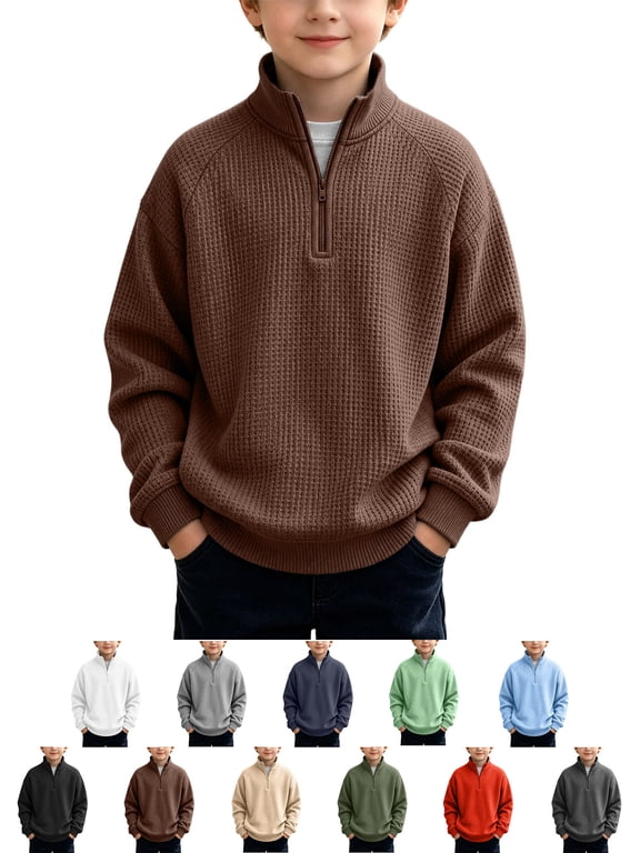 Kids Boys Quarter Zip Waffle Knit Sweatshirt Stand Collar Long Sleeve Casual Pullover