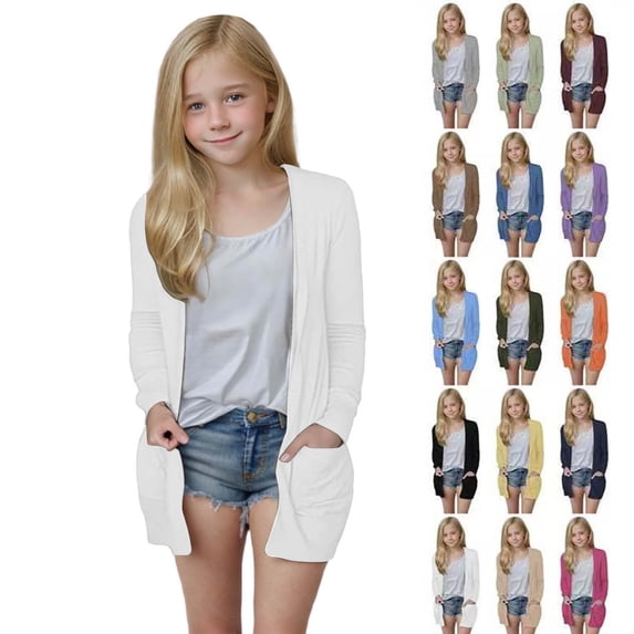 Sevevn Kids Girls Back to School Lightweight Cardigan Open Front Casual Long Sleeve Fashion Top with Pockets Age 5-14 Years