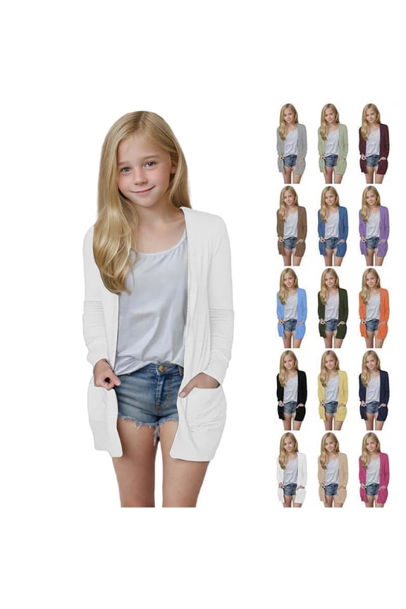 Kids Girls Back to School Lightweight Cardigan Open Front Casual Long Sleeve Fashion Top with Pockets Age 5-14 Years