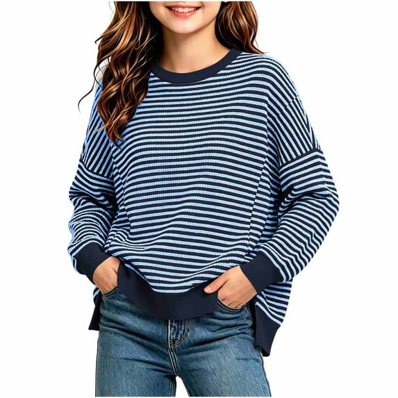 Sevevn Kids Girls Crew Neck Striped Knit Pullover Top Long Sleeve Drop‑Shoulder Loose Sweater Casual Kids Striped Shirt