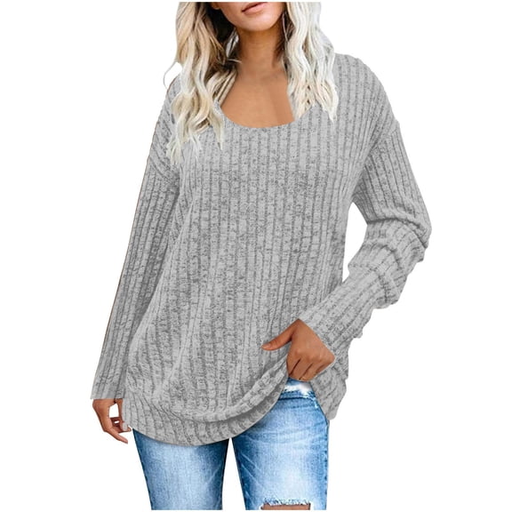 Sevevn Ladies' Fashion Solid Color Ribbed Knit Scoop Neck Drop Shoulder Long Sleeve Tunic Dressy Top Gray M