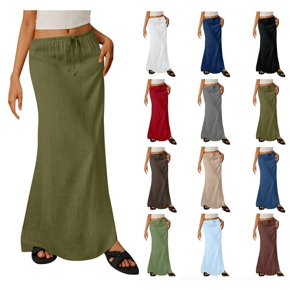 Sevevn Ladies Fashion Women Solid Color Elastic Waist Drawstring Long Skirt Army Green S Women Beach Fashion