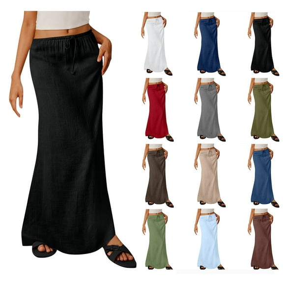 Sevevn Ladies Fashion Women Solid Color Elastic Waist Drawstring Long Skirt Black XXL Spring Tops for Women