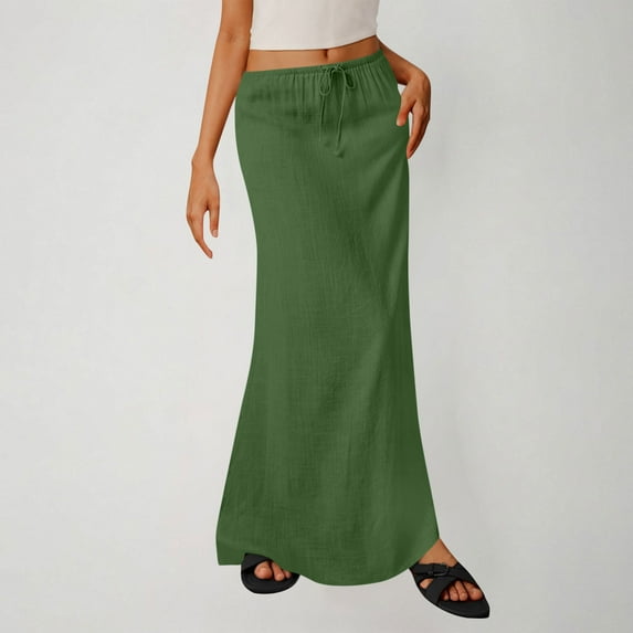 Sevevn Ladies Fashion Women Solid Color Elastic Waist Drawstring Long Skirt Clearance Sales Online Deals Green M
