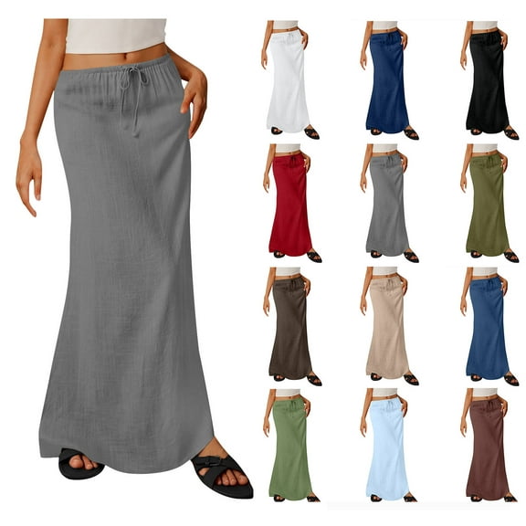 Sevevn Ladies Fashion Women Solid Color Elastic Waist Drawstring Long Skirt Gray M Family Gifts