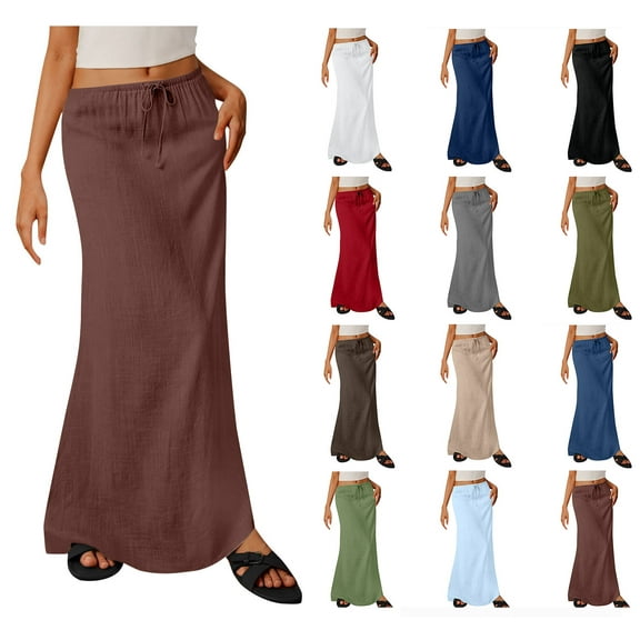 Sevevn Ladies Fashion Women Solid Color Elastic Waist Drawstring Long Skirt New Year Brown L