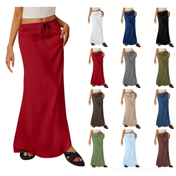 Sevevn Ladies Fashion Women Solid Color Elastic Waist Drawstring Long Skirt Red XXL Early Access