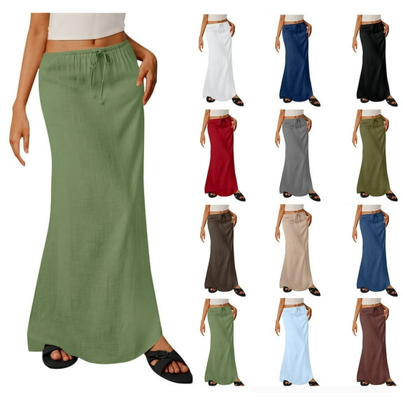 Sevevn Ladies Fashion Women Solid Color Elastic Waist Drawstring Long Skirt Summer Gift Green 180