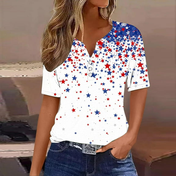 Sevevn Ladies' Independence Day Printed Button Up Three Quarter Sleeve 3/4 Sleeve V-neck Top/shirt Deal of the Week Multicolor S
