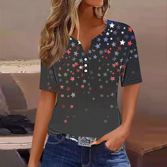 Sevevn Ladies' Independence Day Printed Button Up Three Quarter Sleeve 3/4 Sleeve V-neck Top/shirt End of Year Clearance Multicolor XXXL