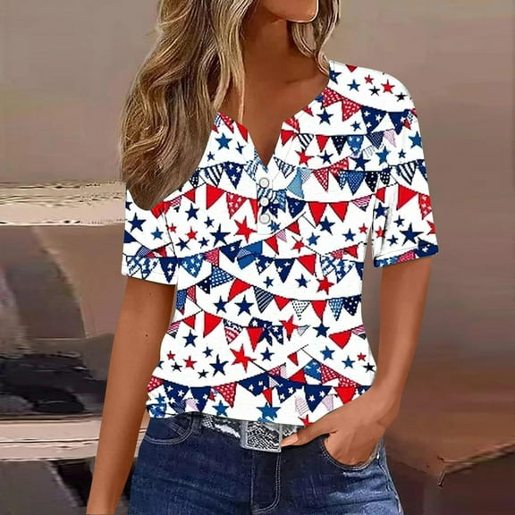Sevevn Ladies' Independence Day Printed Button Up Three Quarter Sleeve 3/4 Sleeve V-neck Top/shirt Family Gifts Multicolor XL