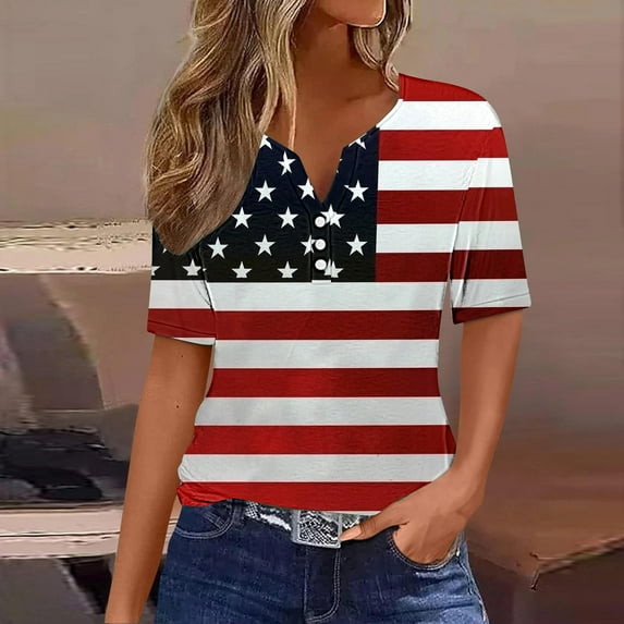 Sevevn Ladies' Independence Day Printed Button Up Three Quarter Sleeve 3/4 Sleeve V-neck Top/shirt Summer Clearance Multicolor M