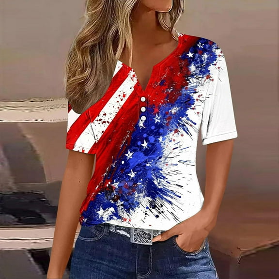 Sevevn Ladies' Independence Day Printed Button Up Three Quarter Sleeve 3/4 Sleeve V-neck Top/shirt Summer Gift Multicolor XXL