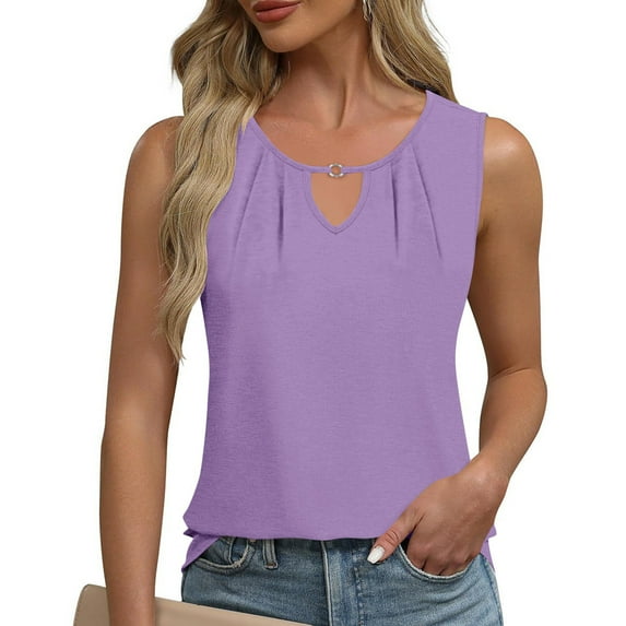 Sevevn Ladies' Spring And Summer Casual Solid Color Sleeve Round Neck Top Sleeve Round Neck Top/Shirt Purple L Summer Savings