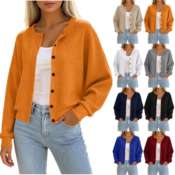 Sevevn Lightweight Cardigan Sweaters for Women Button Down Long Sleeve Open-Front Cardigan Orange XL
