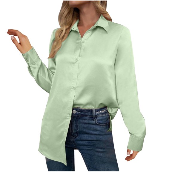 Sevevn Long Sleeve Tops for Women Fashion Women's Casual Long Sleeve Solid Button Ladies Turndown Collar Tops Blouse Rollbacks