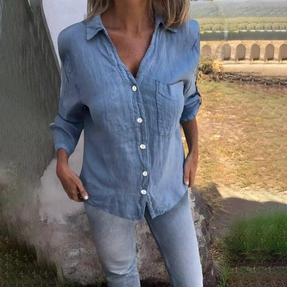 Sevevn Long Sleeve Tops for Women Fashion Women's Casual Loose Solid Color Blouses And Linen Long Sleeved Turndown Collar Tops Gift for Girls