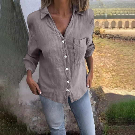 Sevevn Long Sleeve Tops for Women Fashion Women's Casual Loose Solid Color Blouses And Linen Long Sleeved Turndown Collar Tops Gift for Girls