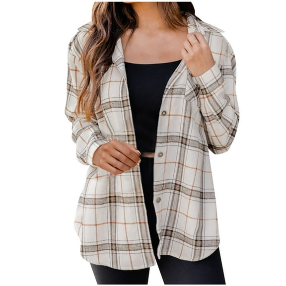 Sevevn Long Sleeve Tops for Women Women Button Plaid Spring And Fall Fashion Loose Cardigan Blouse Top Family Gifts
