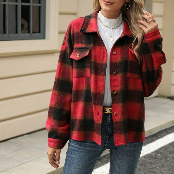 Sevevn Long Sleeve Tops for Women Women's Casual Lapel Button Pocket Plaid Long Sleeved Shirt Top Jacket Christmas Gift