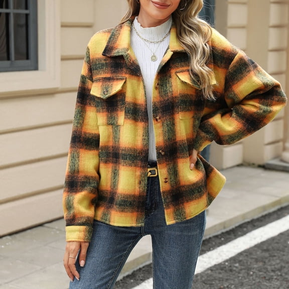 Sevevn Long Sleeve Tops for Women Women's Casual Lapel Button Pocket Plaid Long Sleeved Shirt Top Jacket Christmas Gift