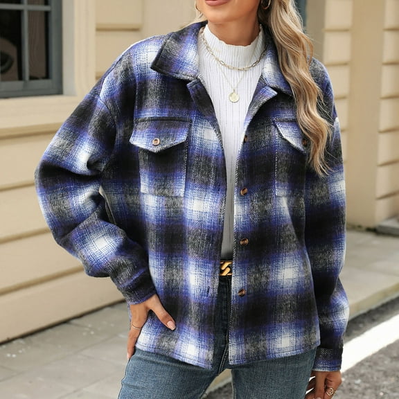 Sevevn Long Sleeve Tops for Women Women's Casual Lapel Button Pocket Plaid Long Sleeved Shirt Top Jacket Christmas Gift