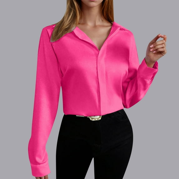 Sevevn Long Sleeve Tops for Women Women's Solid Color Flip Collar Fall And Winter Long Sleeve Loose Blouse Tops Rollbacks