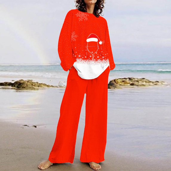 Sevevn Lounge Sets for Women Women's Casual Christmas Printed Long Sleeved Round Neck Top With Pants Set Great Gifts for Less